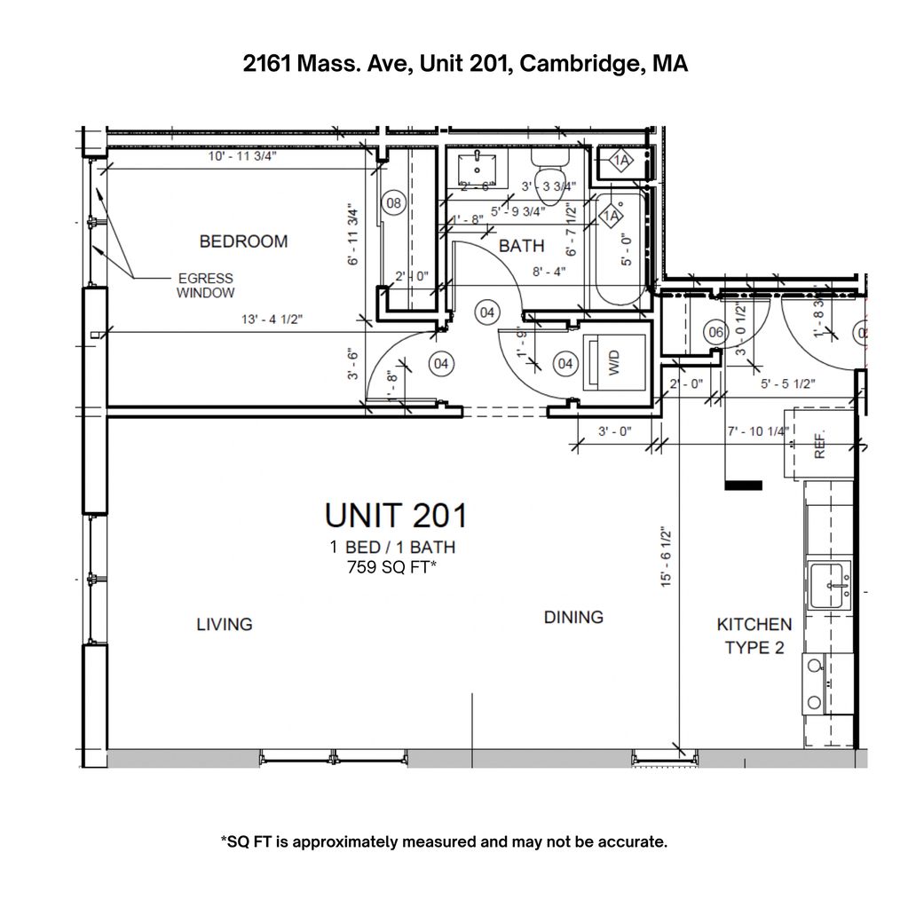 Floor plan of Unit 201, 1 bed/1 bath apartment with living, dining, kitchen, bedroom, and bath.