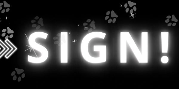 Bright glowing sign text with paw prints background.