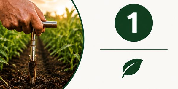 A hand holding a tool near green crops with the number 1 on a white background.