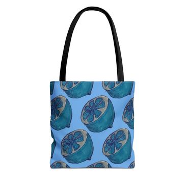 Blue lemon pattern on a tote bag with black handles.