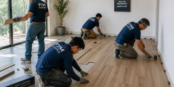 Workers from FTM Floors installing wood flooring in a room.