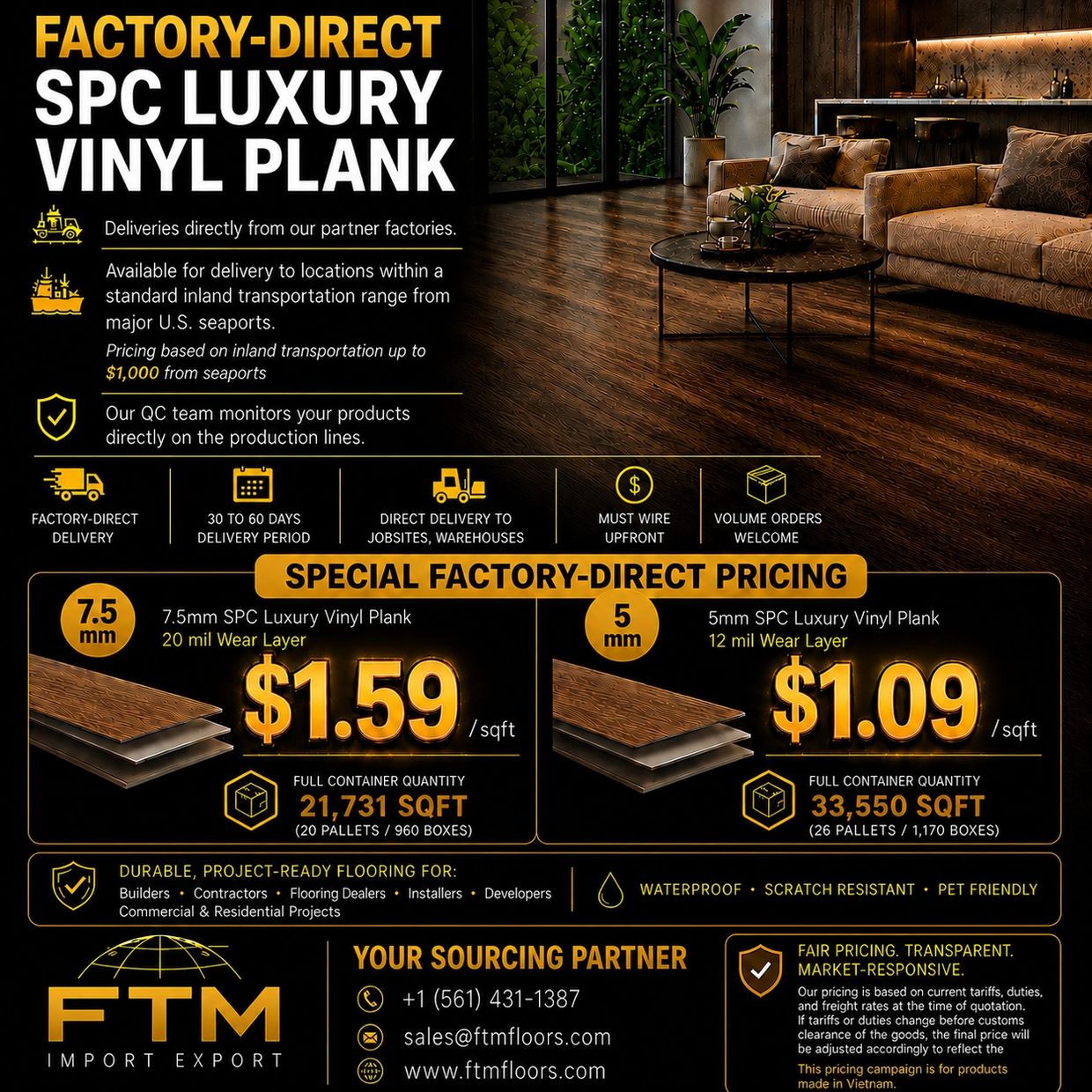 Factory-direct SPC luxury vinyl plank flooring with special pricing and direct delivery options.