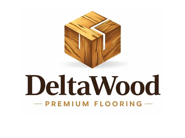 Logo of DeltaWood Premium Flooring with a wooden cube design.