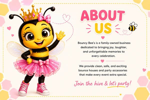 Bouncy Bee mascot introduces a family-owned party business.