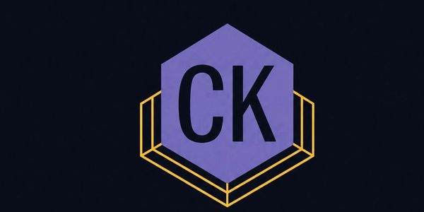 Logo with letters CK inside a purple hexagon and a yellow geometric outline.