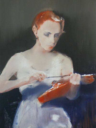 Painting of a woman playing a violin with soft, blurred brushstrokes.