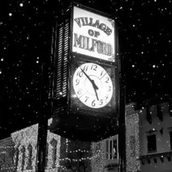 Festive image of the clock in Milford, Michigan