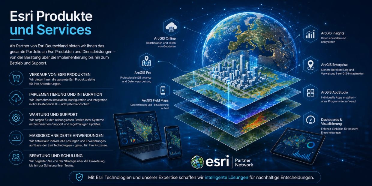 Übersicht der Esri Produkte und Services mit 3D-Darstellung von GIS-Technologien und Anwendungsbeispielen.
