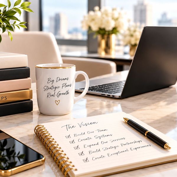 Workspace with a motivational mug, laptop, and a vision checklist notebook.
