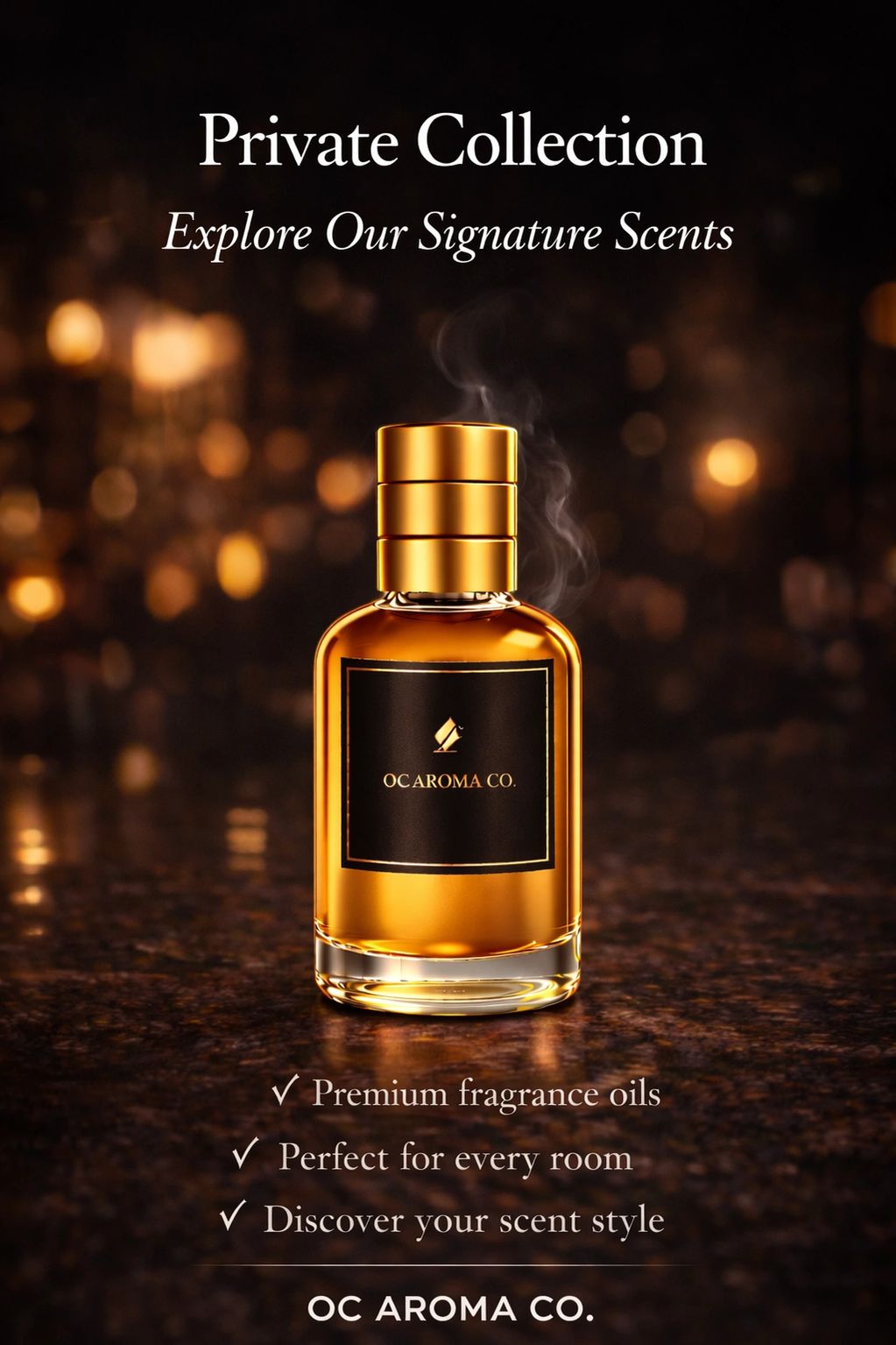 Elegant amber fragrance bottle from OC Aroma Co.'s Private Collection.