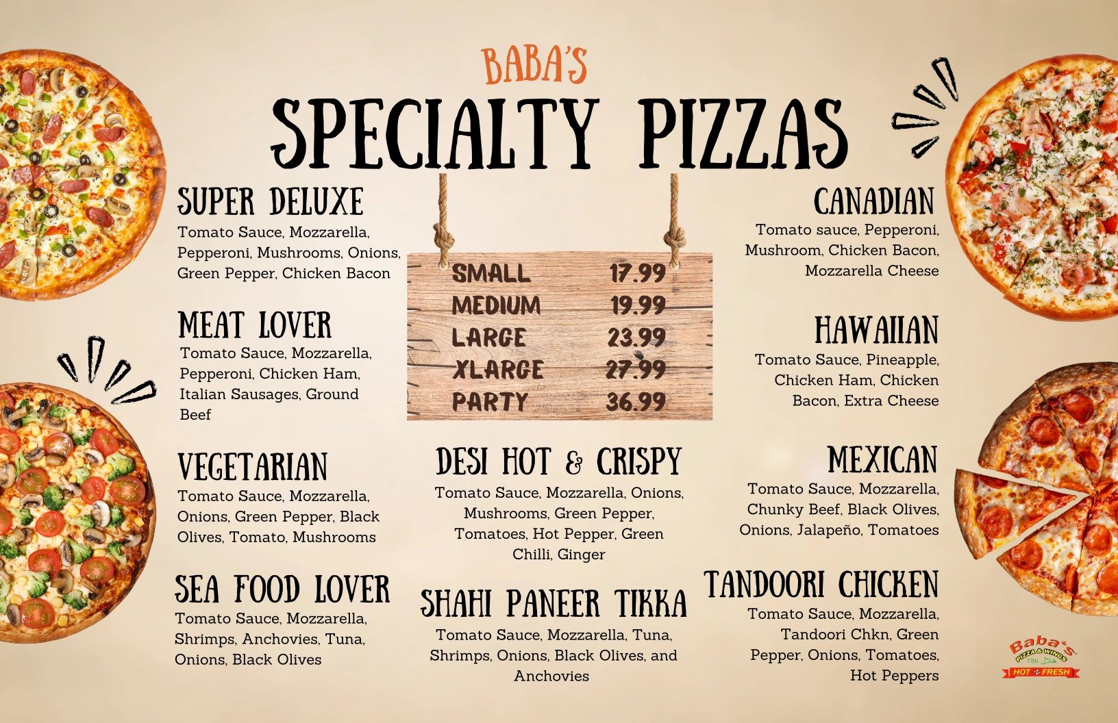 Menu showcasing Baba's specialty pizzas with various toppings and sizes.