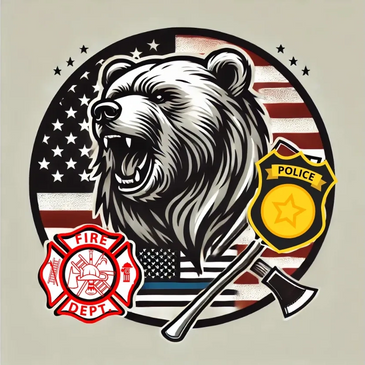 A roaring bear with American flag, police badge, and fire department emblem.
Kodiak Strength Training Gym memberships
