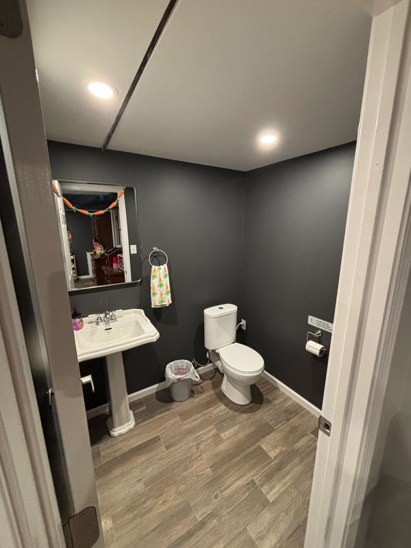 Modern bathroom with dark walls, white fixtures, and wood-look flooring.