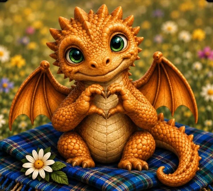 Cute dragon holding his hands like a heart while sitting on Rusty's tartan.
