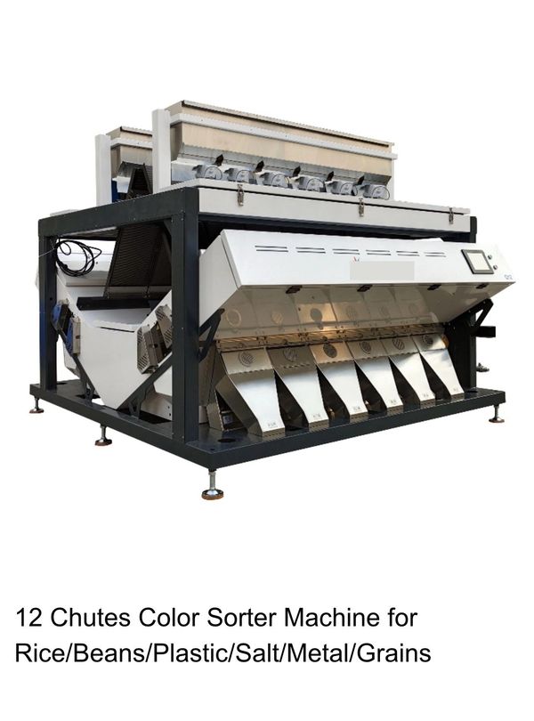 Industrial 12-chute color sorter machine.