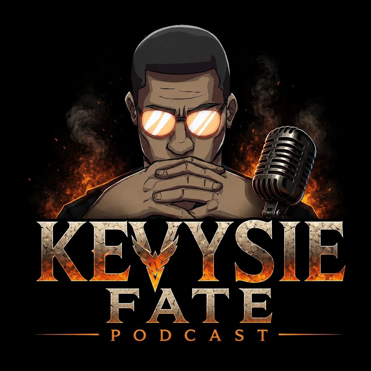 Illustration for Kevysie Fate Podcast with a reflective sunglasses figure and microphone.