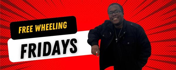 Person promoting Free Wheeling Fridays with a red background.