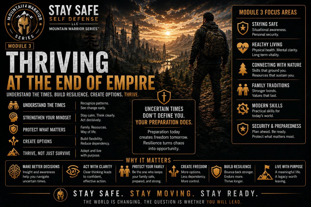 Survival guide titled 'Thriving at the End of Empire' focusing on preparedness and resilience.