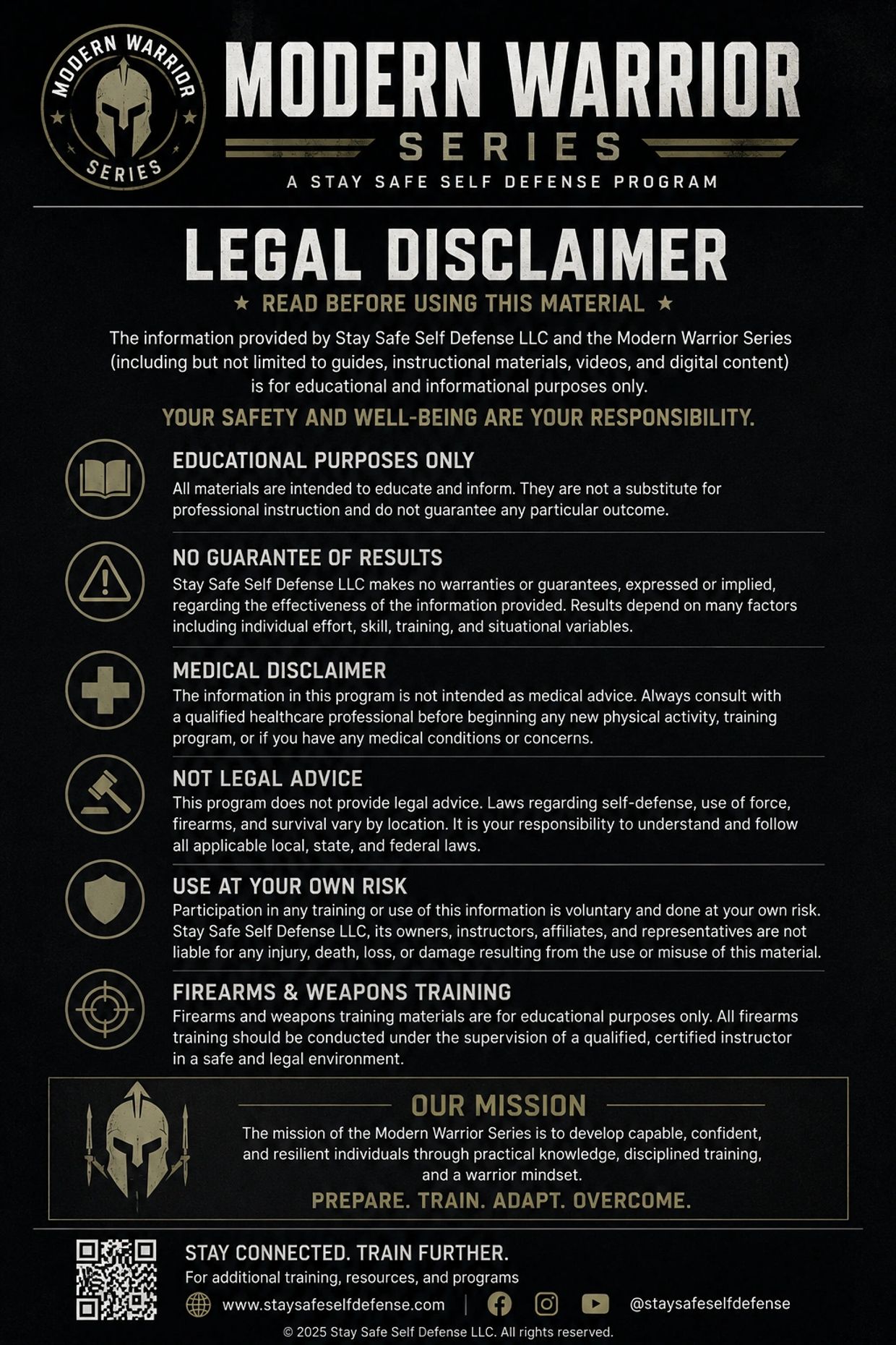 Modern Warrior Series legal disclaimer and mission for self-defense education.