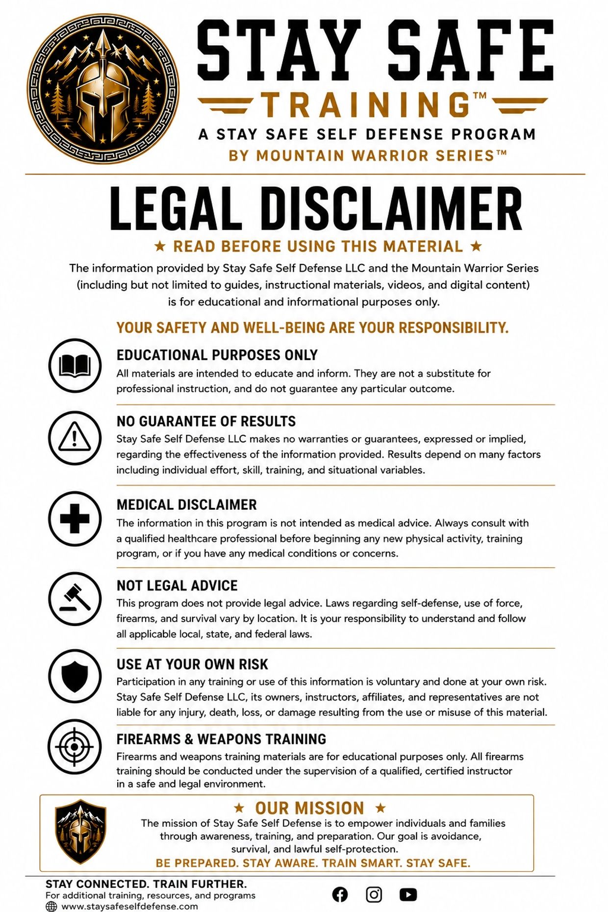 Stay Safe Training legal disclaimer emphasizing safety and responsibility.