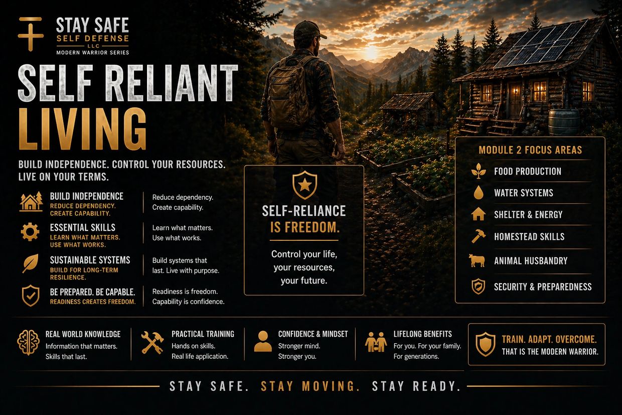 Man overlooking a mountain cabin at sunset, promoting self-reliant living and survival skills.