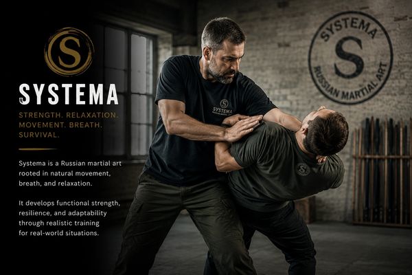 Two men practice Systema, a Russian martial art focused on natural movement and adaptability.
