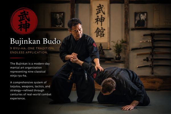 Two martial artists practicing Bujinkan Budo in a traditional dojo.