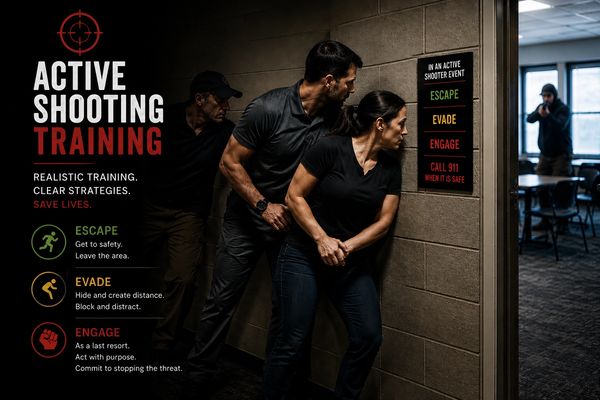 Active shooting training with escape, evade, and engage strategies.