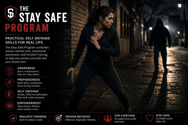 Woman practicing self-defense in a dark urban setting with an approaching shadowy figure.