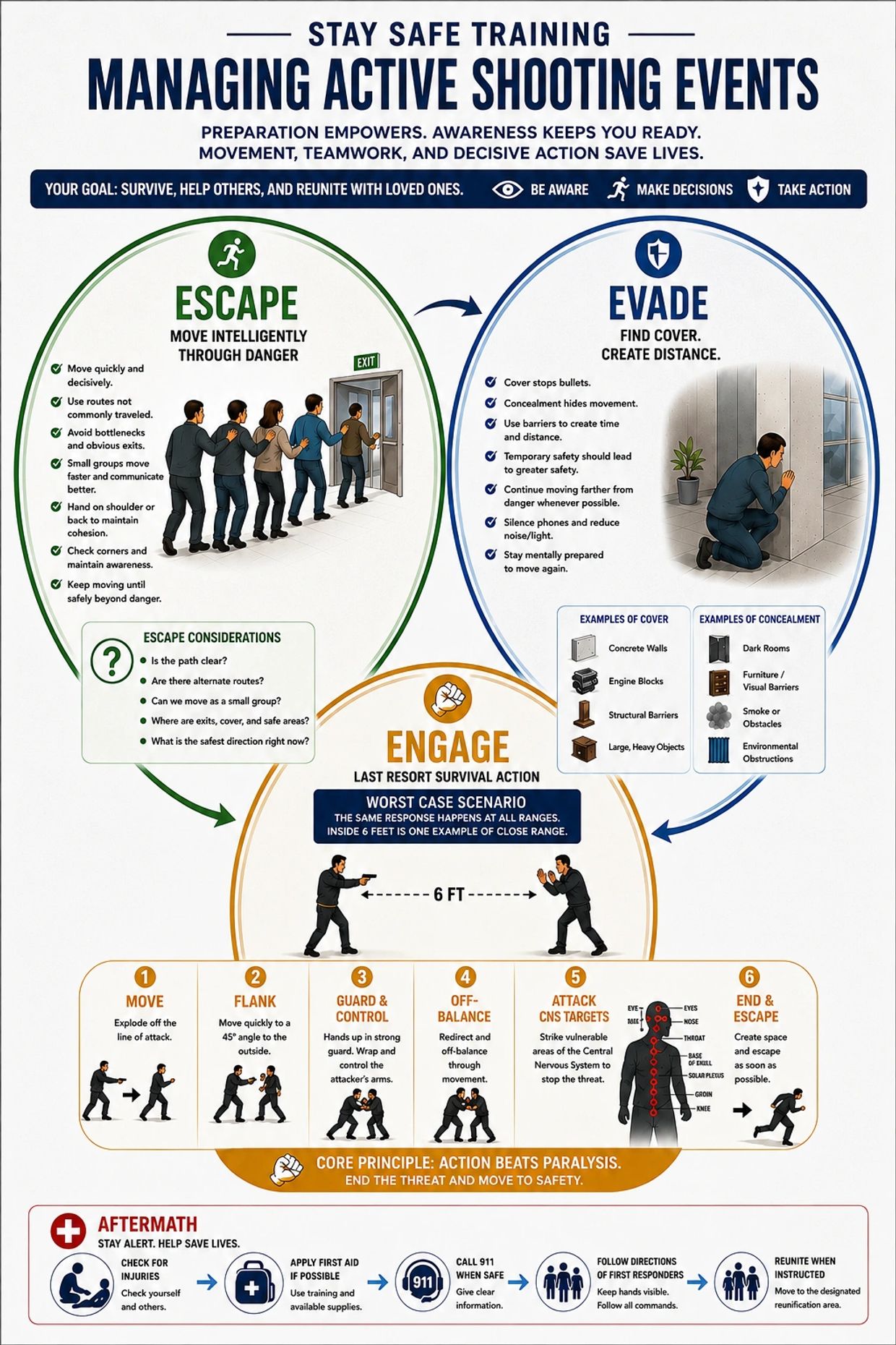 Infographic on managing active shooting events with steps to escape, evade, and engage safely.