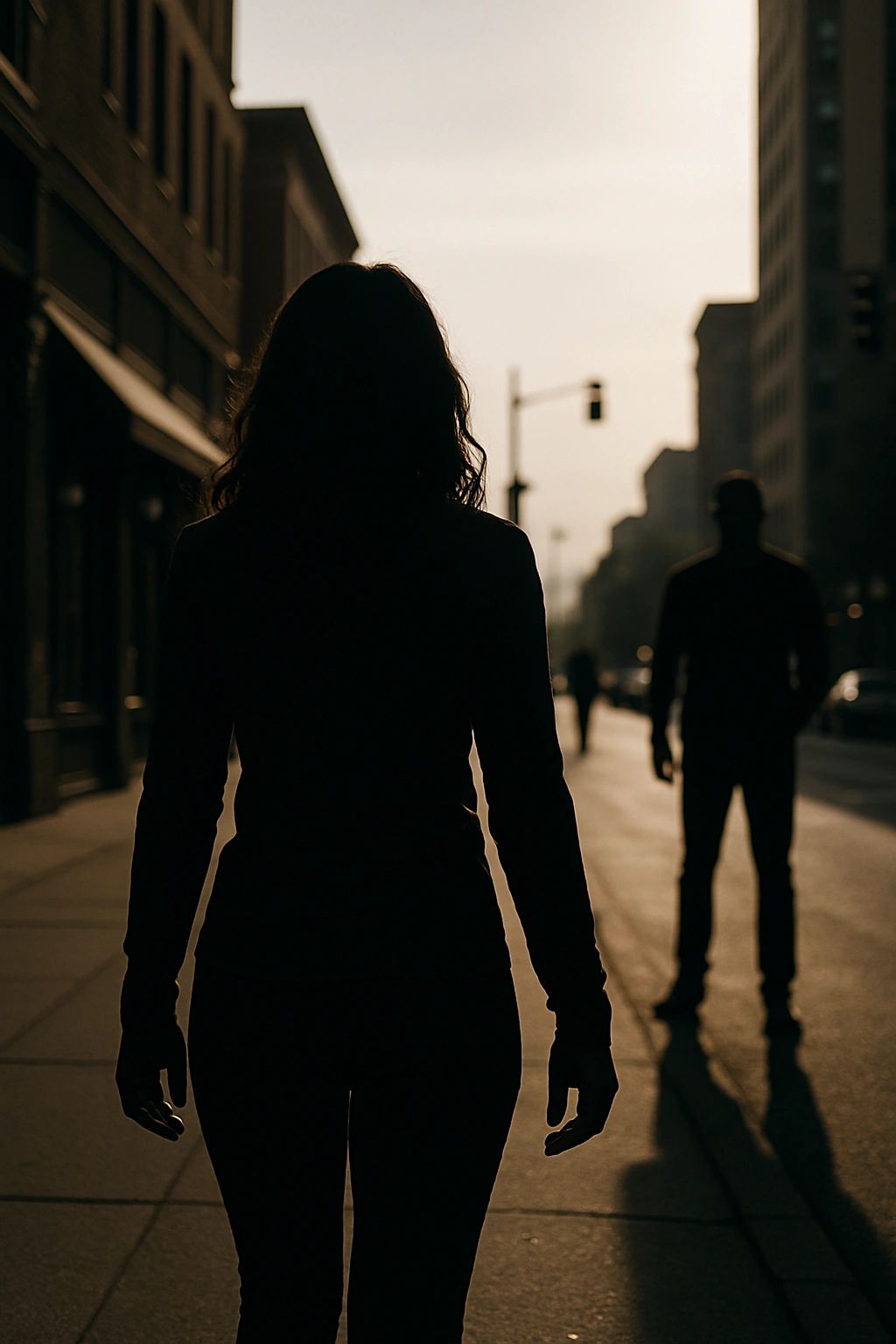 Silhouettes of two people on a city street at sunset.