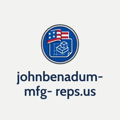 Logo with American flag and blueprint, text johnbenadum-mfg-reps.us.