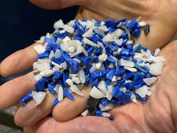 Hand holding small blue, white, and black plastic fragments.