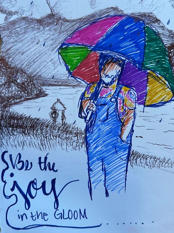 Person under colorful umbrella in rain with 'See the joy in the gloom' text.