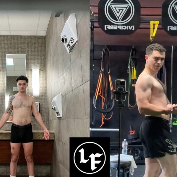 Before and after photos showing a Ben Livitz's transformation over a span of a year.