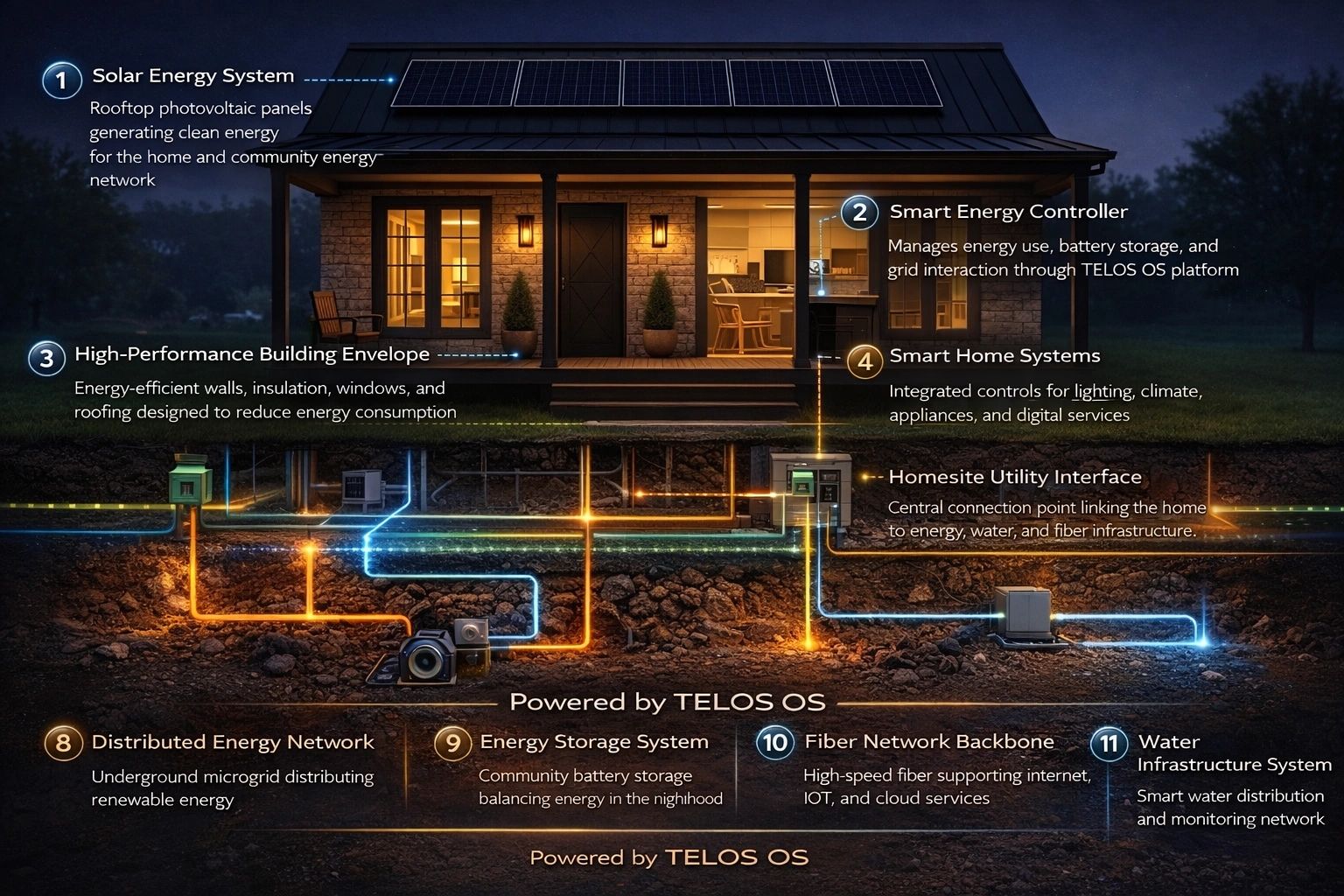 A smart home system powered by TELOS OS integrates solar energy, smart controls, and underground utility networks.