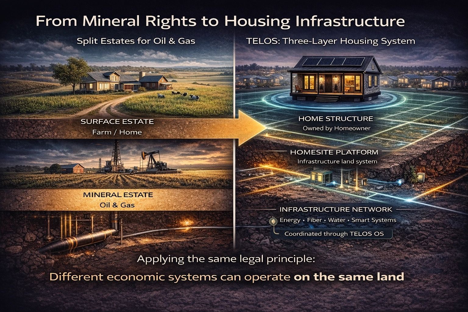 Comparison of traditional mineral rights and TELOS three-layer housing system.