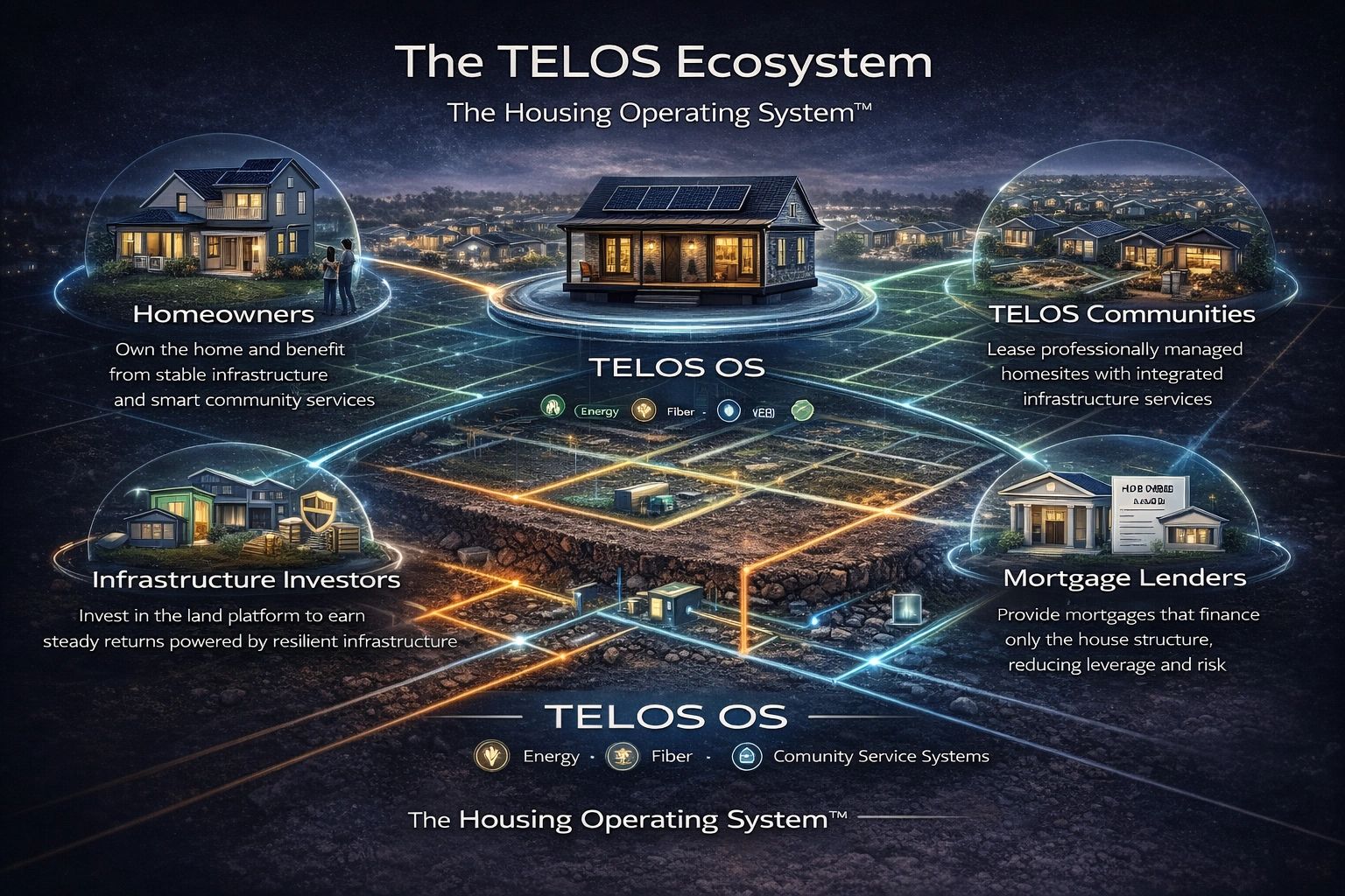 The TELOS Ecosystem connects homeowners, communities, investors, and lenders through smart housing infrastructure.
