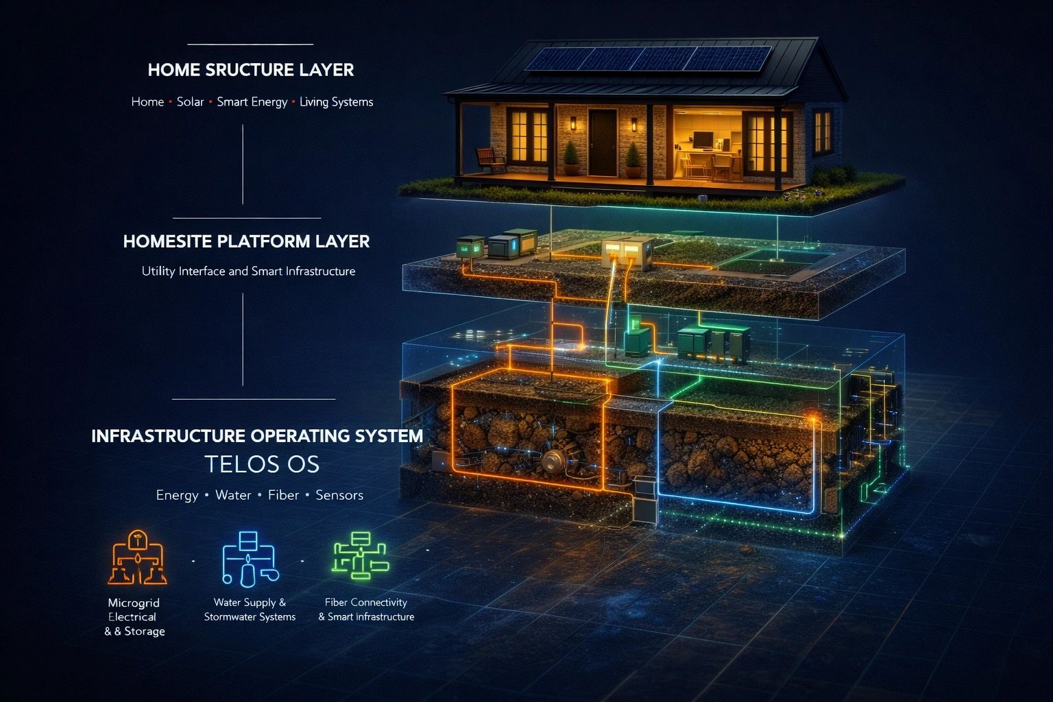 Layered smart home system integrating solar, energy, water, fiber, and sensors with TELOS OS.