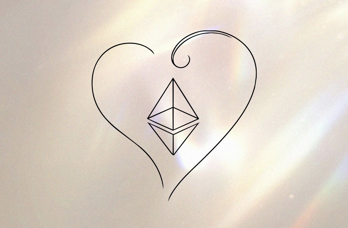 Ethereum logo inside a heart outline on a soft glowing background.