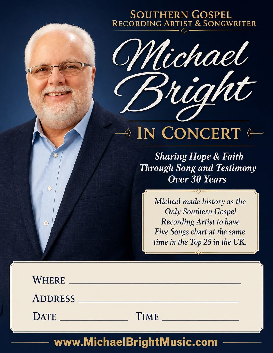 Southern Gospel artist Michael Bright in concert, sharing hope and faith through music.