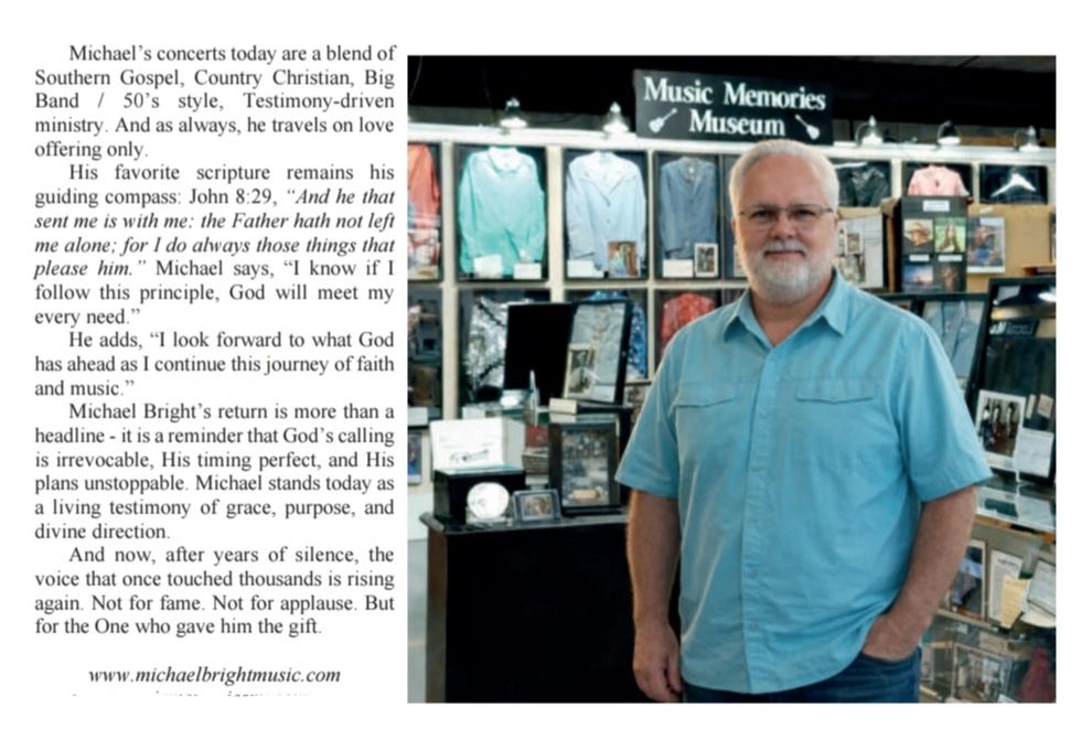 Man stands inside the Music Memories Museum in front of memorabilia.