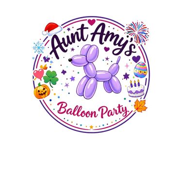 Aunt Amy's Balloon Party logo with festive decorations and a purple balloon dog.