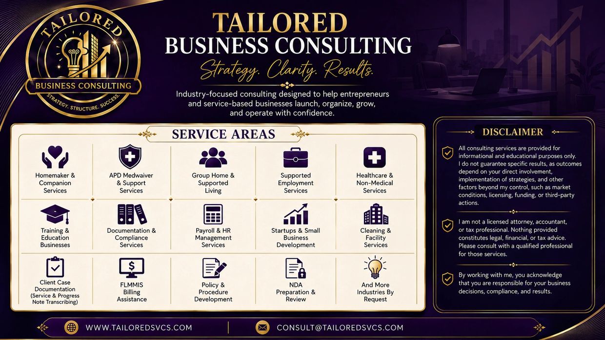 Tailored Business Consulting service areas and disclaimer.
