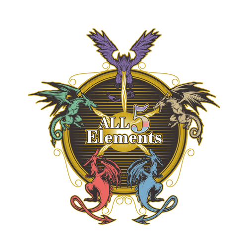 Five colorful dragons representing all five elements in a circular design.