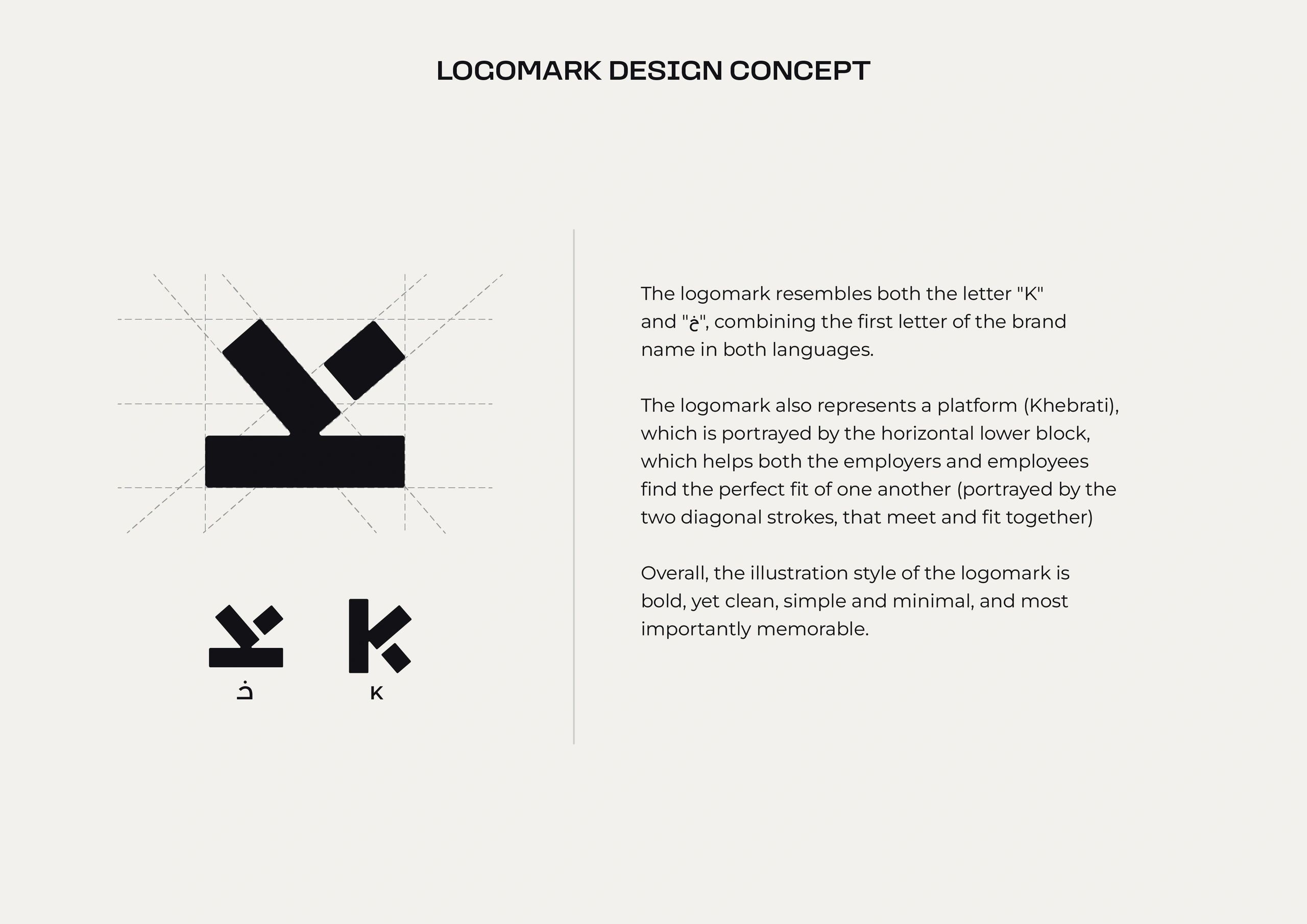 Logo design combining letters "K" and "ḵ" with a platform symbolizing connection.