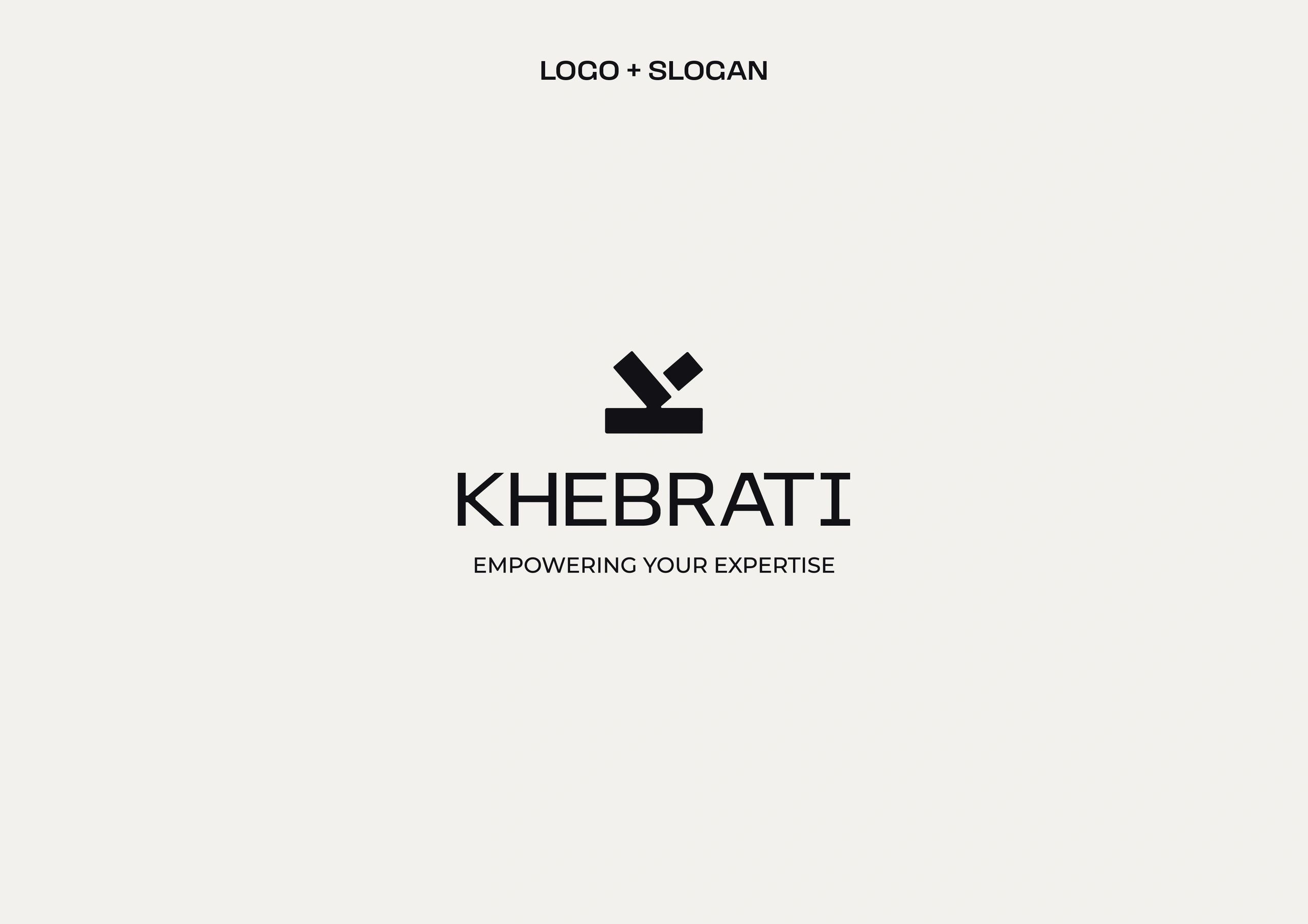 Modern black logo with text "KHEBRATI" and slogan "Empowering Your Expertise" on beige background.