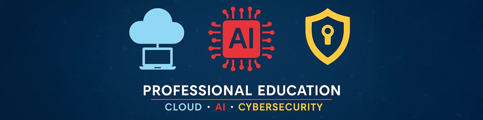 Icons representing cloud computing, AI, and cybersecurity with professional education text.