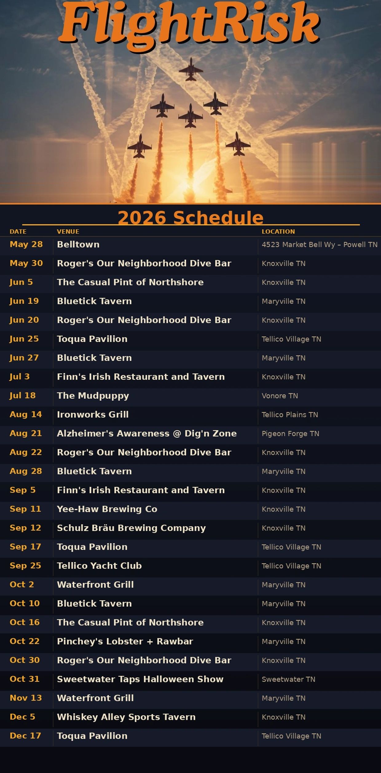 FlightRisk 2026 tour schedule with venues and dates across Tennessee.