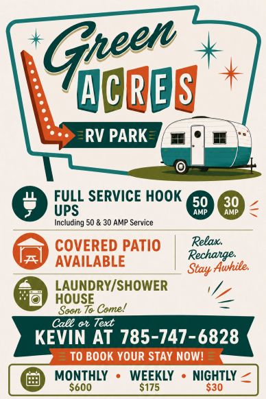 Green Acres RV Park sign with amenities and contact info.